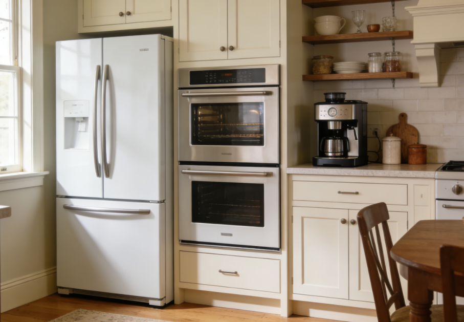 Appliance showroom with refrigerators and kitchen units on display